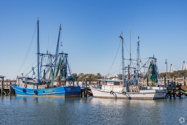 Shem Creek in Mount Pleasant is a popular place to see shrimp boats lined up on the docks.
