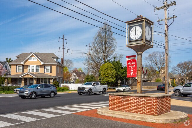 The clock tower at Hinckley Avenue serves as a marker for Ridley Park's shopping district.