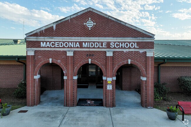 The entrance to the Macedonia Middle School is grand and elegant.