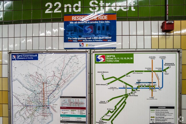The 22nd Street station is an underground trolley station in Fitler Square has a helpful map.