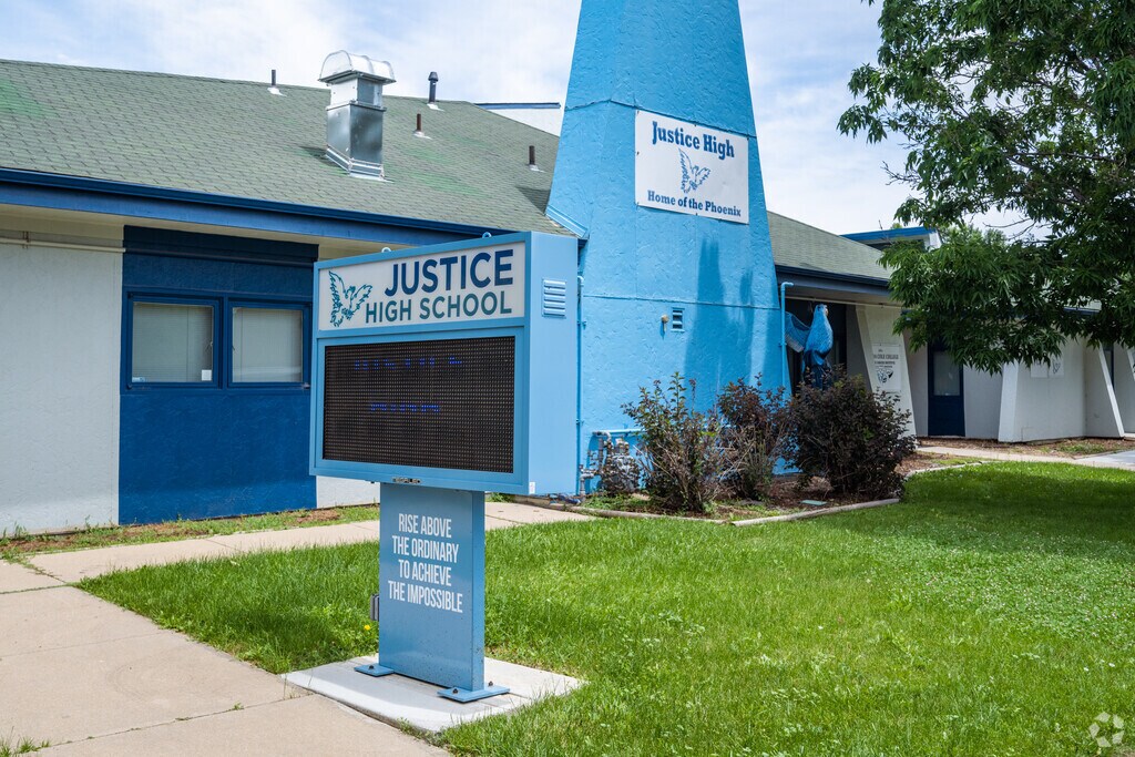 The school sign at Justice High Charter School in Lafayette, Colorado.