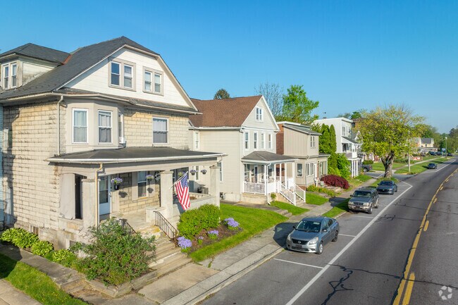 Duplex style homes on Front Street in Wormleysburg offer large front porches.