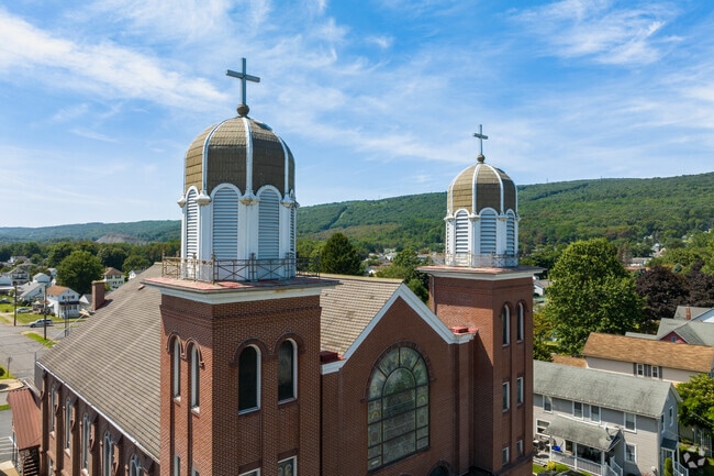 The steeples of St. Elizabeth Ann Seton Parish stand high above Swoyersville.