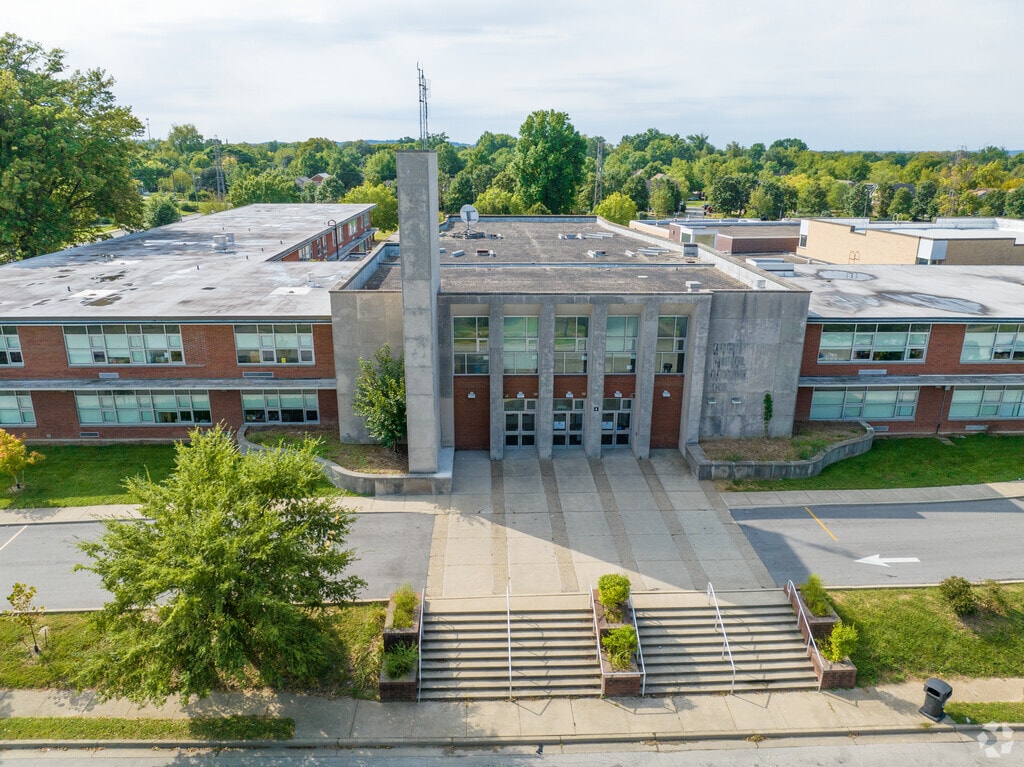 Drone photo of schools front entrance