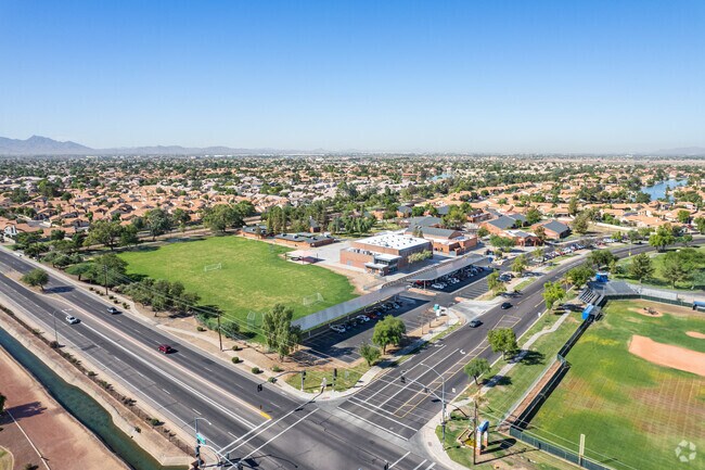 A bird's-eye view capturing the charm of Garden Lakes Elementary School in Avondale.