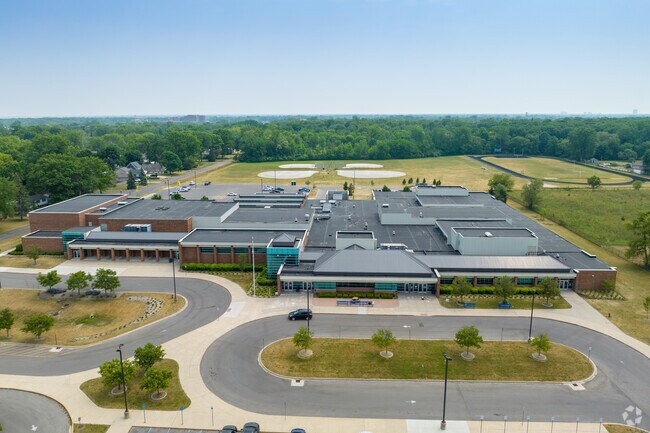 Aerial view of Rochester Public Schools Reuther Middle School in Brookland Park.