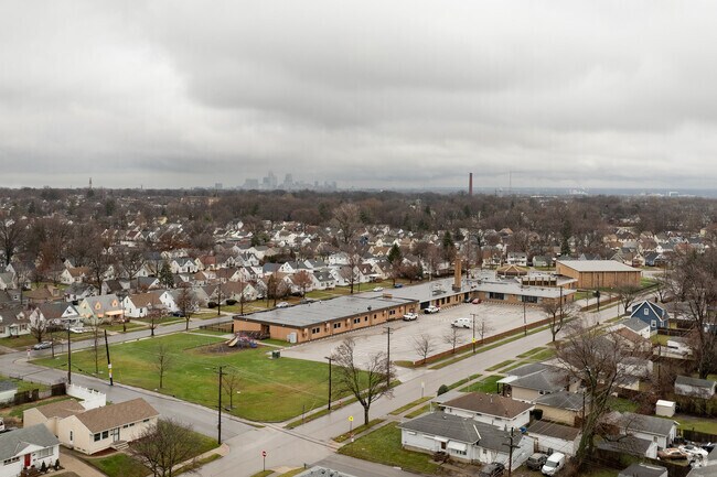 Aerial view of New Tech West and surrounding neighborhoods with Cleveland to the north.