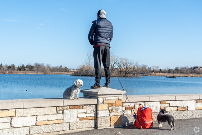 A man goes fishing with his dogs at Gallery Park in Glenview.