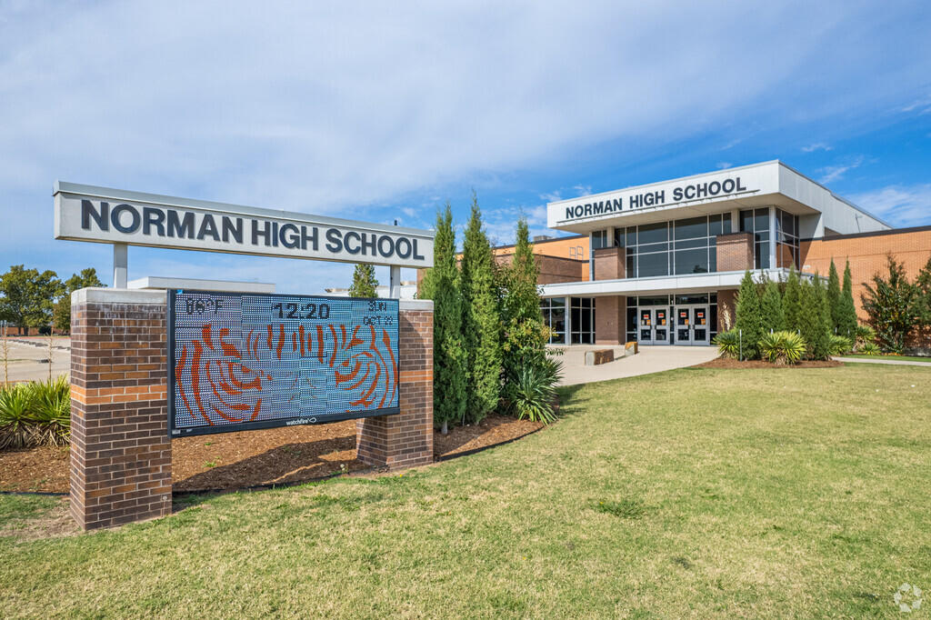 The grand entrance with the monument sign at Norman High School in Norman.
