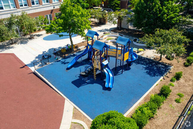 Students at Bateman Elementary School enjoy the distinct, blue playground outdoors.