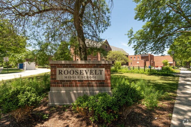Roosevelt Middle School has a stately sign, reflecting the ideals of this River Forest school.