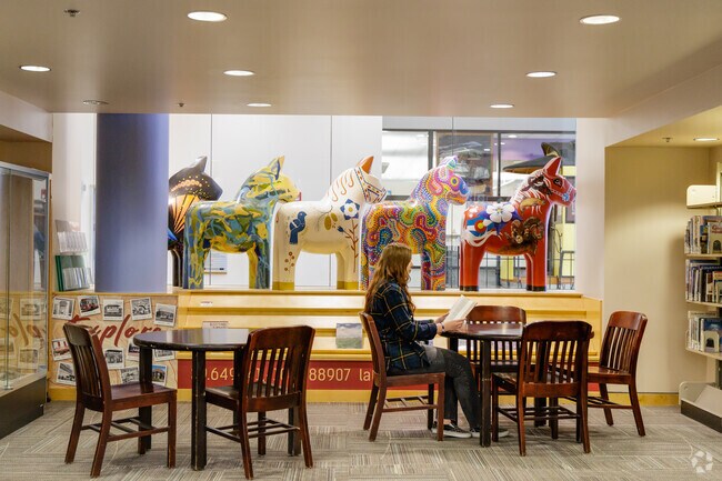 The Englewood Public Library near Baker Park hosts community programs and workshops.