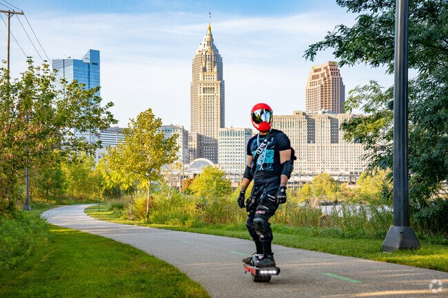 The Towpath Trail borders Duck Island and follows the Cuyahoga River.
