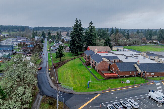 Aerial views of the entrance into Roy Elementary School.