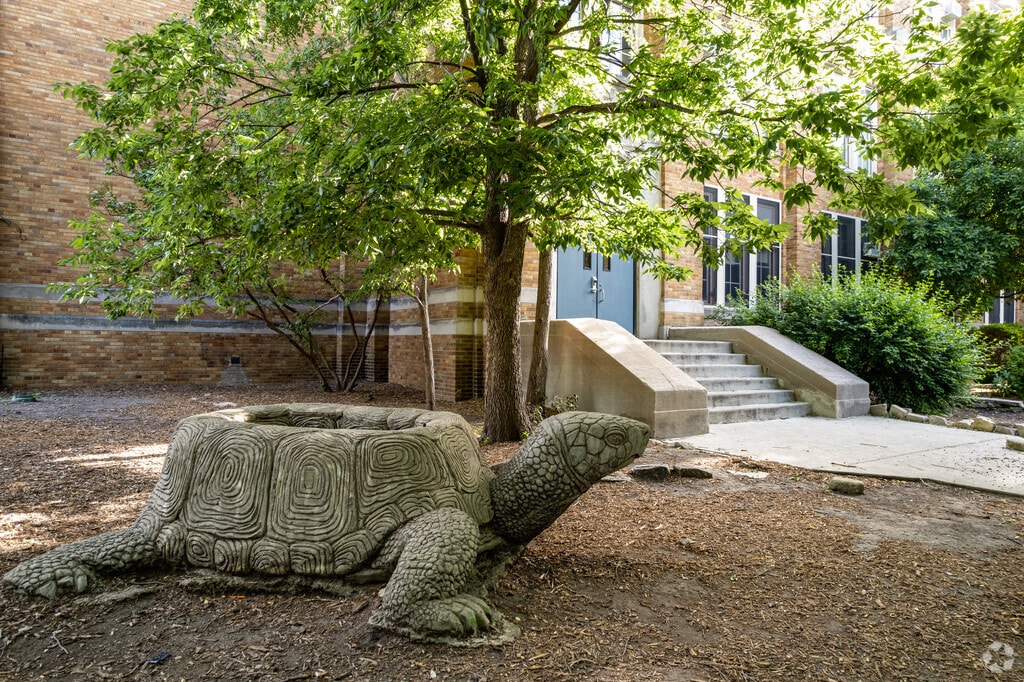 There is a turtle sculpture at Pulaski International School of Chicago.