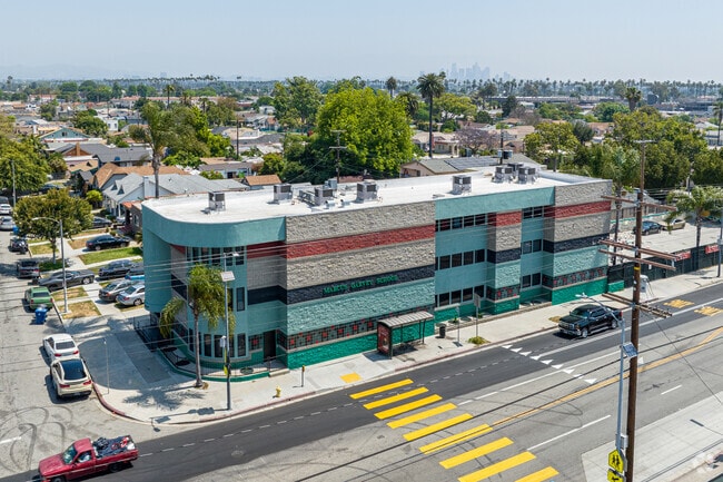 Downtown Los Angeles can be seen from an aerial view of Marcus Garvey Elementary School.