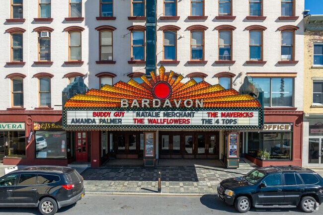 The colorful marquee of the Bardavon Theater is a landmark in Poughkeepsie.