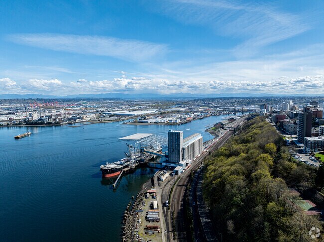 A view across downtown Tacoma showing Chambers Bay.