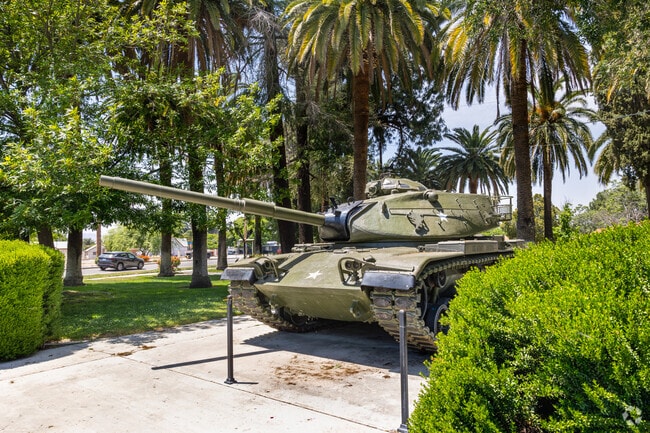 Palm trees tower over the tank located at San Jacinto Veterans Memorial at Druding Park