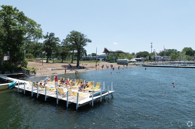 Arnolds Park features several resorts with private piers or beaches.