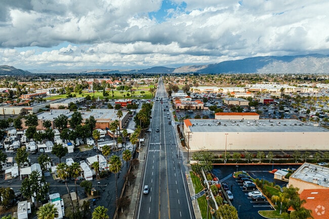 An aerial view of Hemet showing the many nearby retail options.