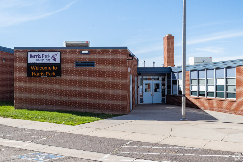 The entrance of Harris Park Elementary in Westminster, Colorado