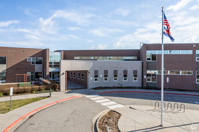 The front entrance and bike racks at McElwain Elementary School in Welby, Denver, Colorado.