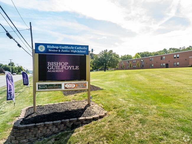 All signs lead to Bishop Guilfoyle Catholic High School.