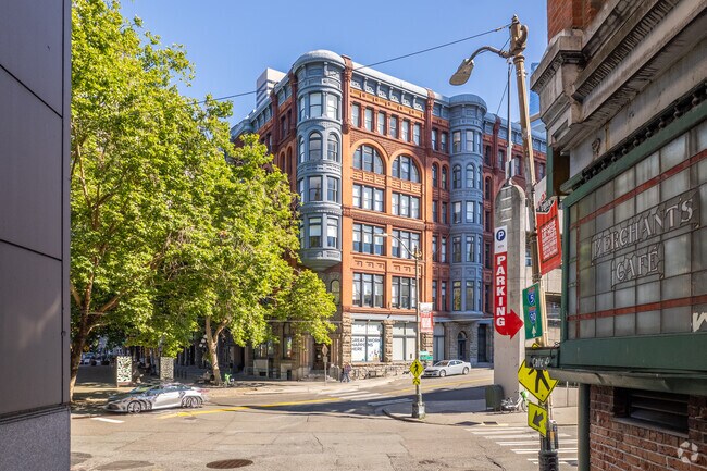 A Romanesque-style building in the Pioneer Square neighborhood of Seattle.