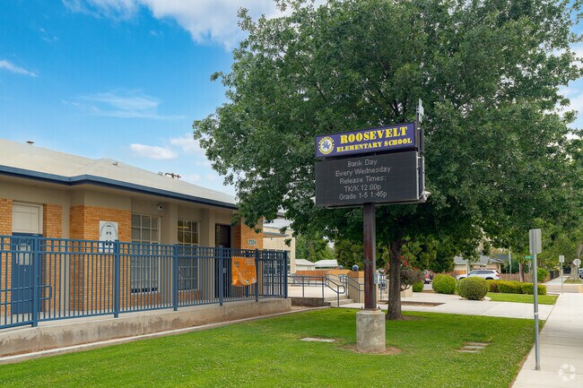 The sign at Roosevelt Elementary welcomes students and teachers alike as they enter the school.