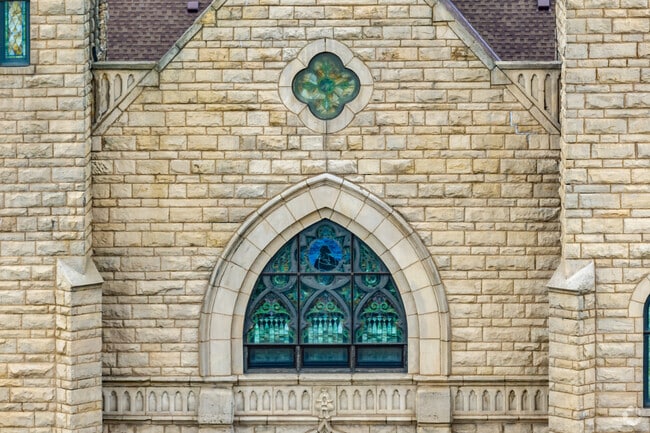 St. John Lutheran School has detailed stained glass windows.