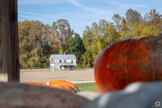An abandoned house decorates the field behind this pumpkin farm stand.