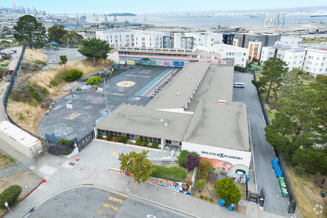 Malcolm X Academy in San Francisco with a view of downtown and the bay.