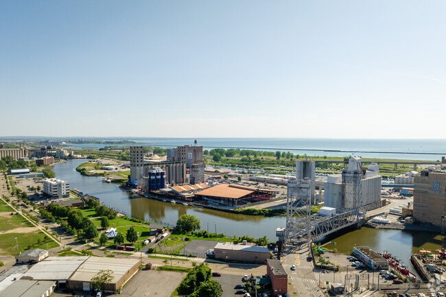 Aerial view shows Ellicott’s access to Buffalo River and Lake Erie.