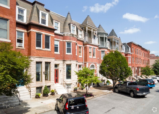 Historic rowhomes with ornate architectural details are common in Upton, Baltimore, Maryland.