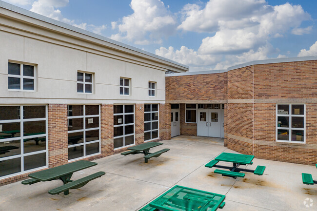 Palmer Middle School features outdoor seating for students.