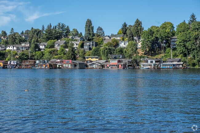 A group of floating homes on Portage Bay, during an early summer morning.