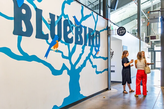 Choose from different vendors for food and drinks at the modern Bluebird Market in Silverthorne.