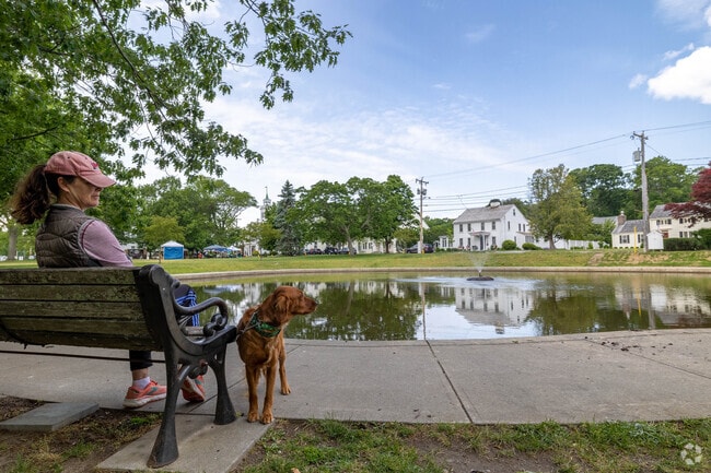 A woman enjoys a peaceful moment with her dog in Cohasset’s welcoming village.