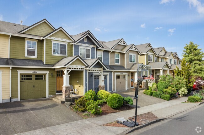 Colorful townhomes in the Caufield neighborhood.