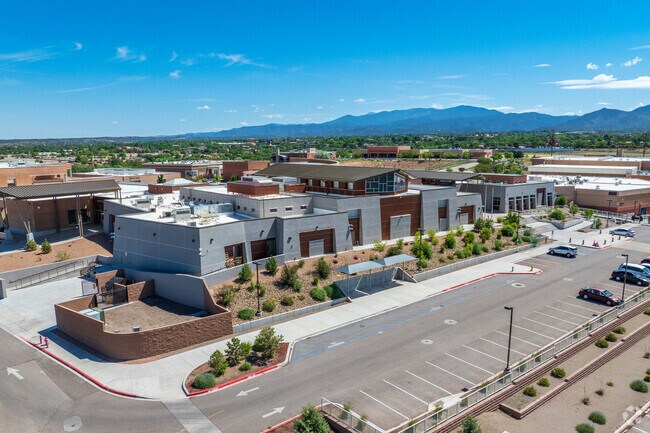 Santa Fe High School and the Sangre de Cristo Mountains n the distance.