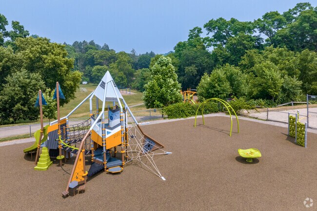 The playground equipment at Crestwood Elementary School is used at recess.