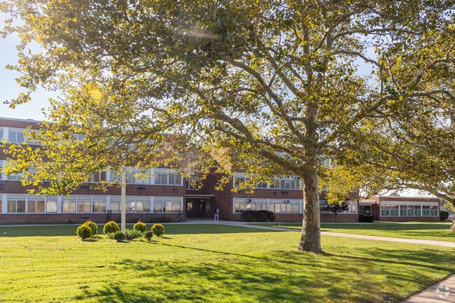 Morning view of Elmont Memorial High School's facade