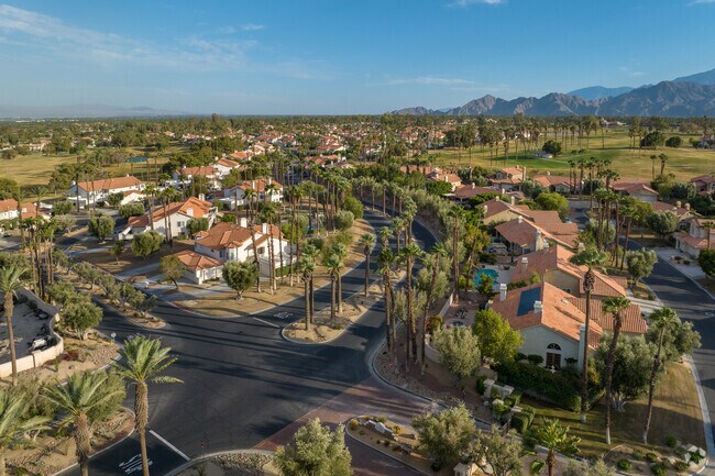An elevated view of the homes in relation to the golf course at Desert Falls Country Club.