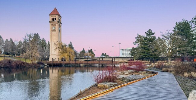 Riverfront Park walkway at dusk