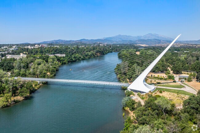 The Sundial Bridge spans over the Sacramento River in Bluffs.