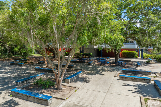 Students can enjoy outside seating at Fort Clarke Middle School.