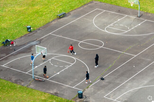 A basketball court on the grounds of the Roberto Clemente Leadership Academy.