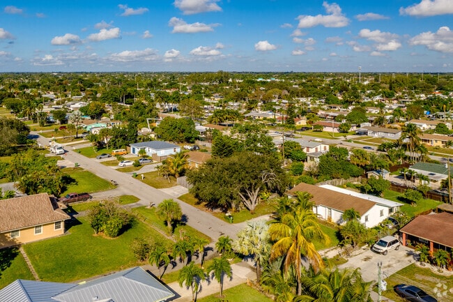 Bird's eye view of homes in the Pine Air neighborhood of Palm Springs, FL.