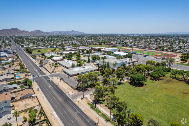 Capture the aerial view of Moon Valley High School, fostering excellence in Phoenix.